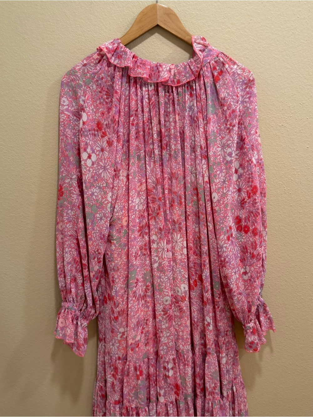 Free People Feelin Groovy Long Sleeve Pink Floral Tiered Maxi Dress Large - Picture 9 of 13